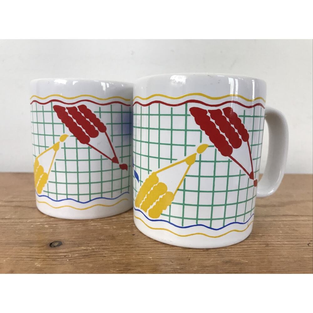 Set Pair 2 Vtg 80s 90s Kiln Craft England Vaporwave Colored Pencil Coffee Mugs